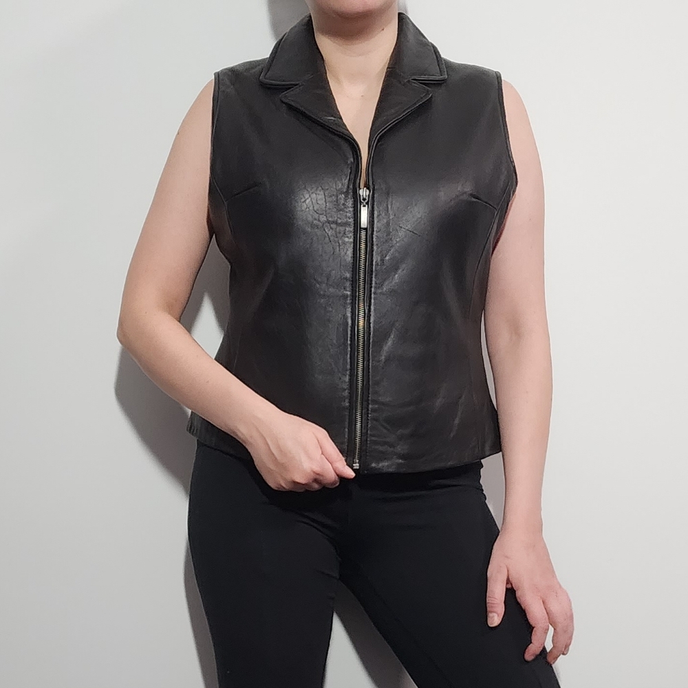USA Bikers Dream Apparel Black Leather Motorcycle Vest XXL Zip Up